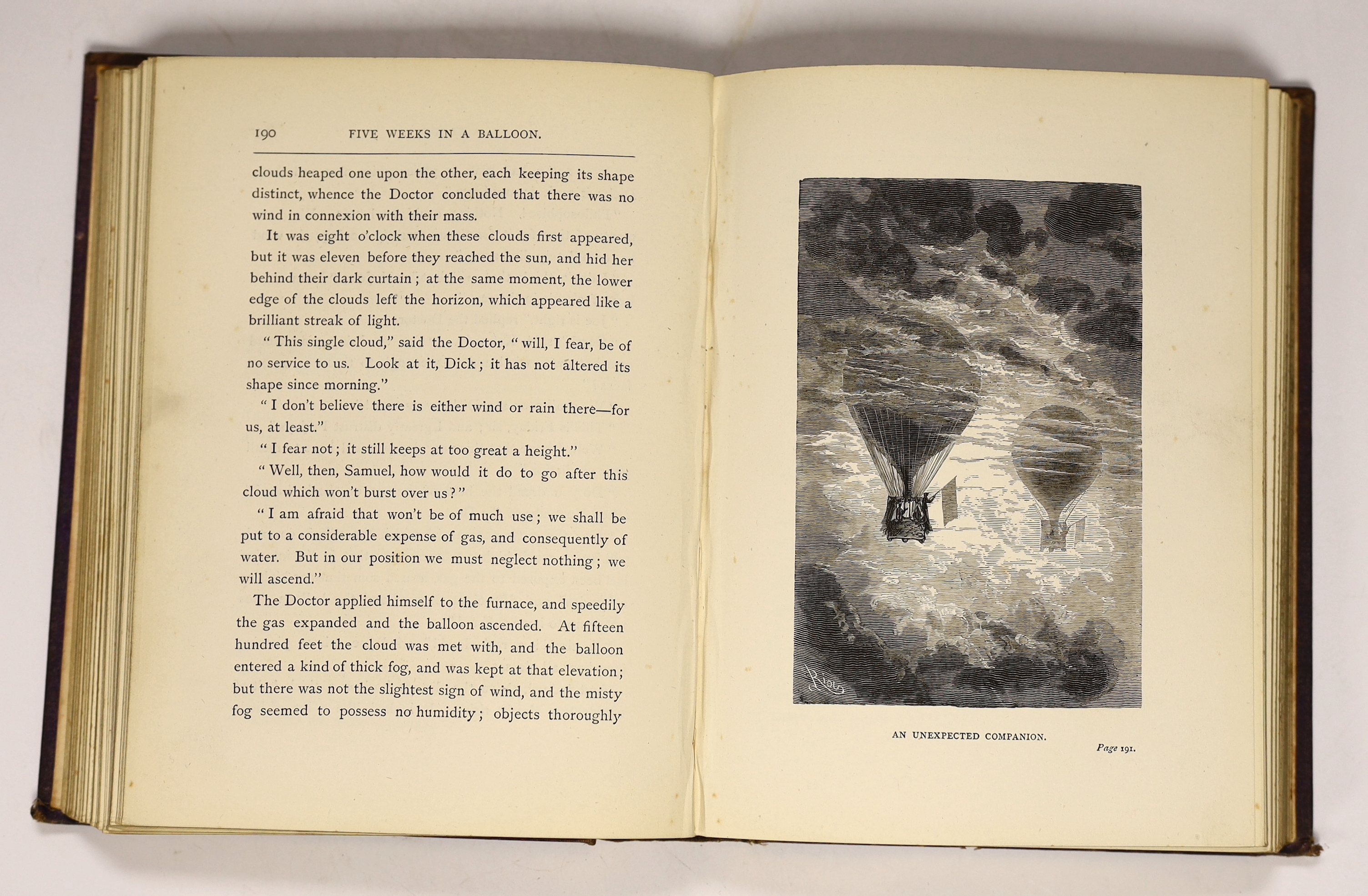 Verne, Jules - Five Weeks in a Balloon: a voyage of exploration and discovery in Central Africa ....2nd edition. 35 wood engraved plates and num. text illus.; publisher's gilt pictorial cloth, ge., cr.8vo. 1874